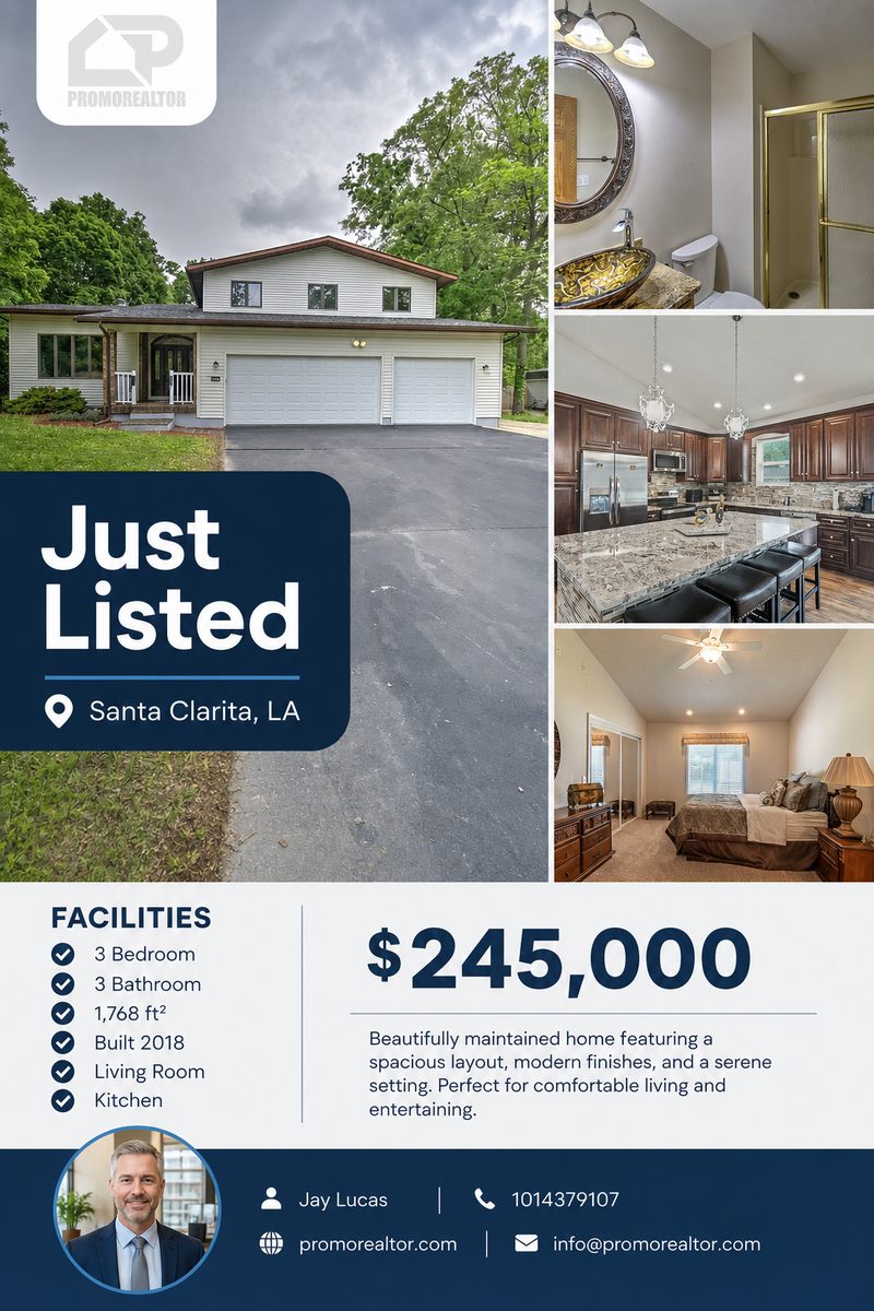 A Just Listed flyer made by PROMOREALTOR: a house photo, three room photos, a facilities list, the price and an agent contact strip