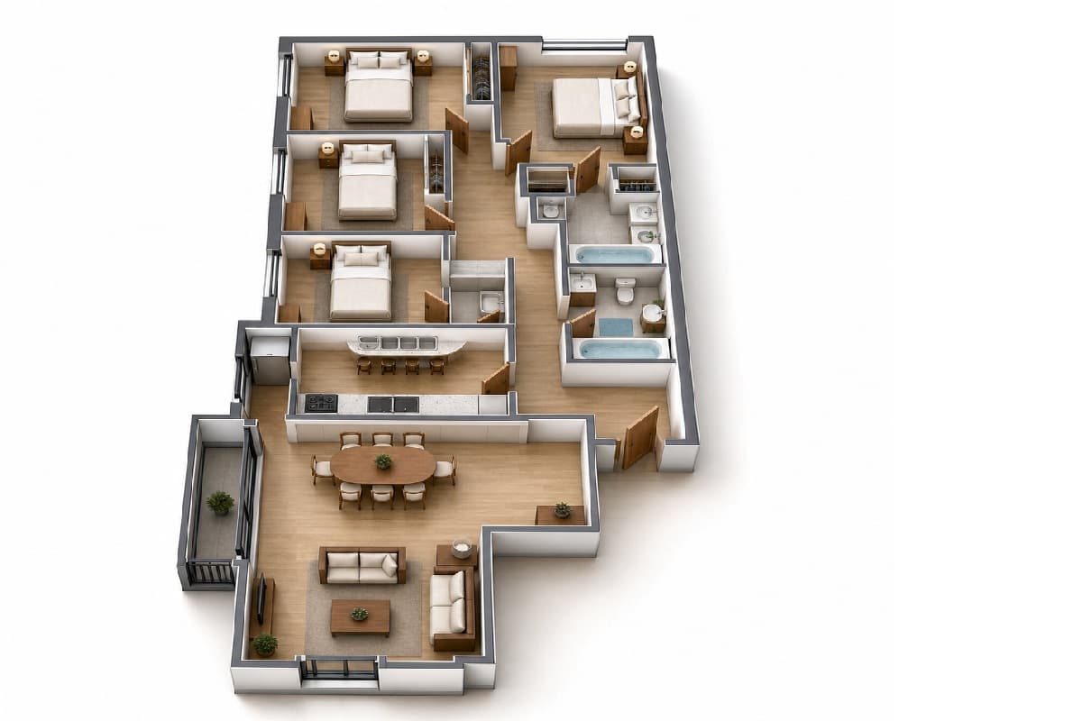 The same plan as a furnished 3D isometric render with beds, kitchen, bathrooms and a dining table