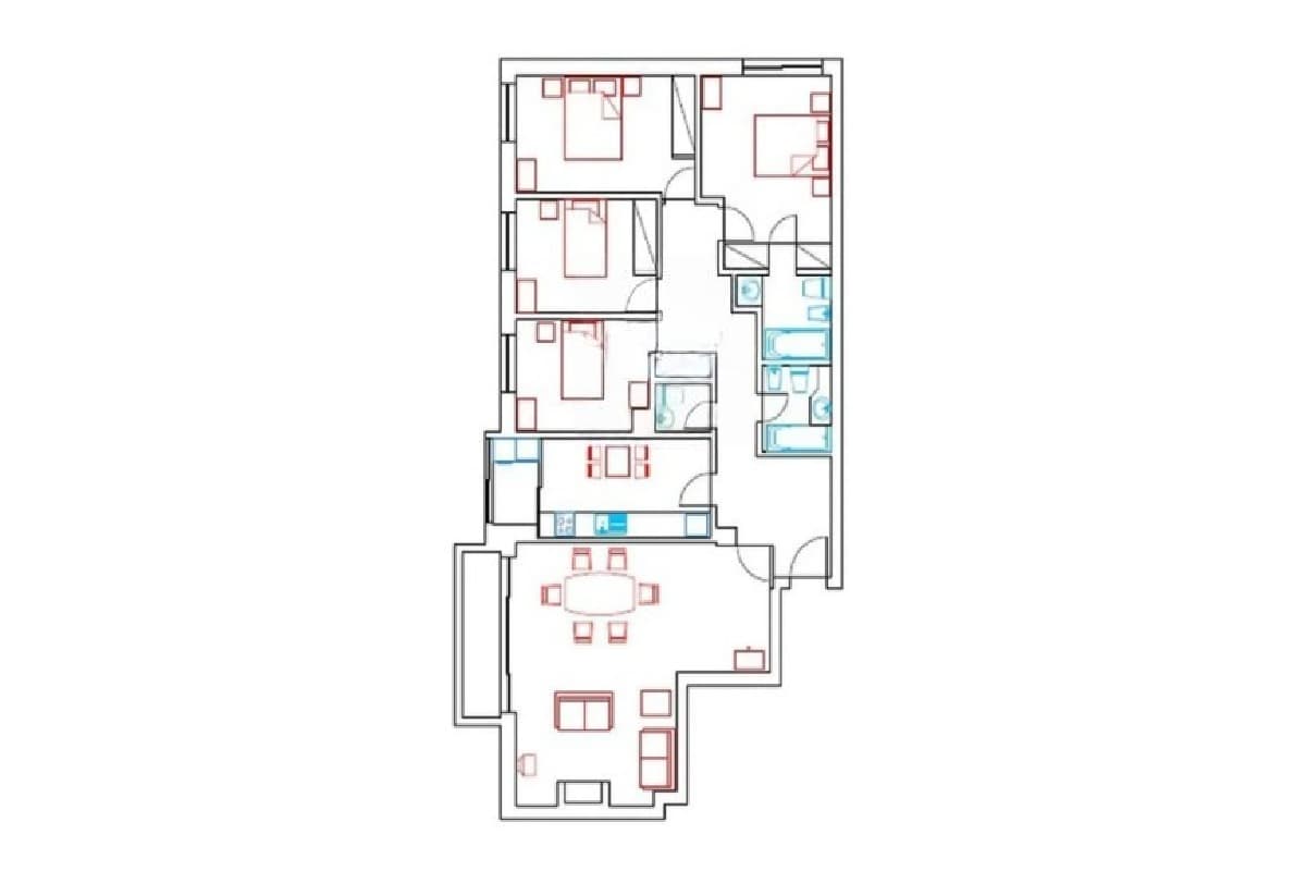 A flat 2D floor plan of a four-bedroom apartment