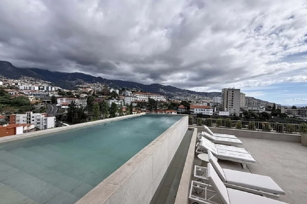 A rooftop pool under a grey sky