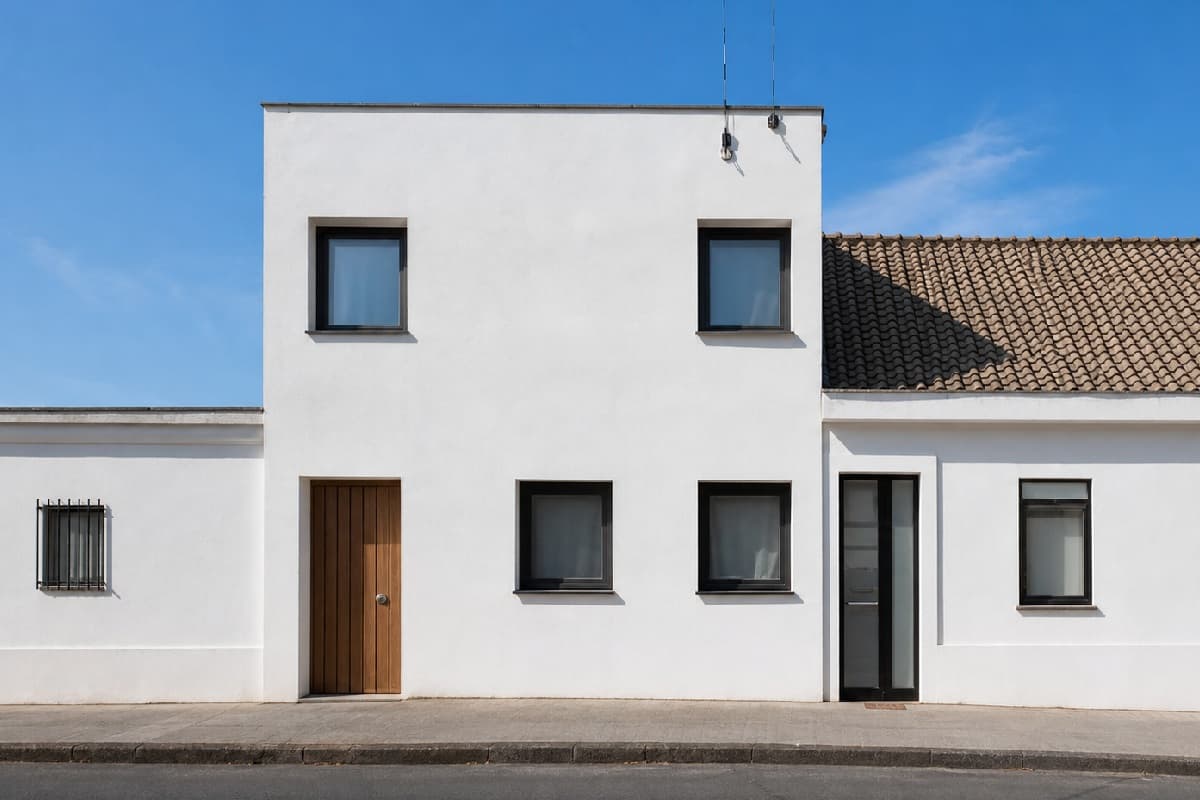 The same house as a photoreal white building with dark window frames and a wooden door under a blue sky