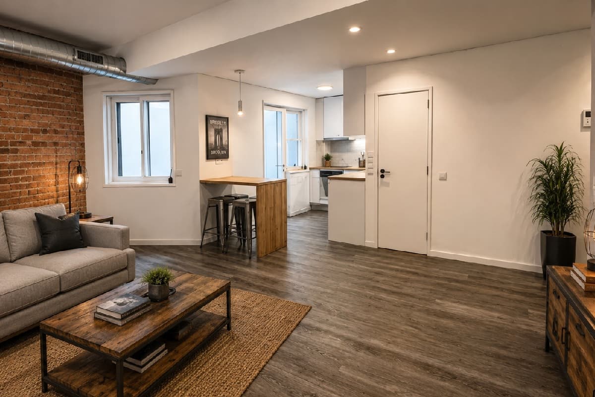 The same room restyled as industrial with an exposed brick wall, a grey sofa and a wooden coffee table
