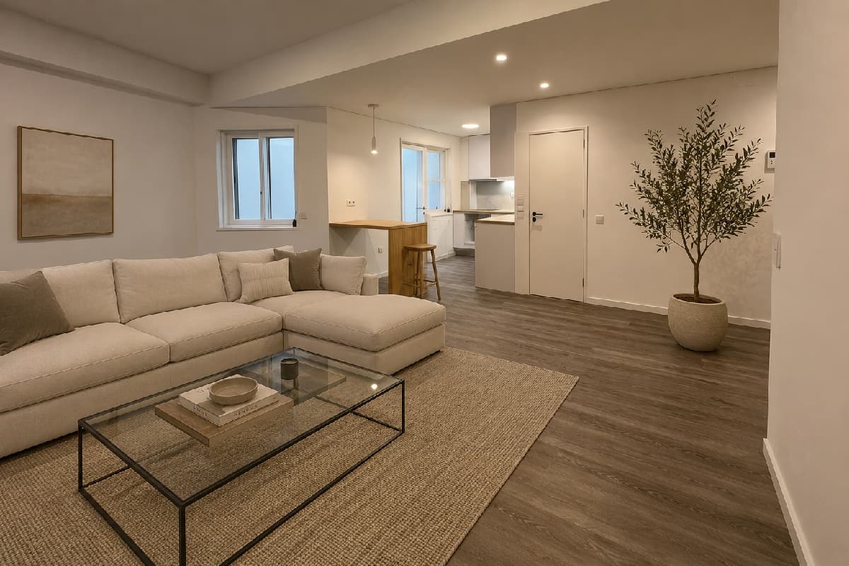 A calm living room with a cream sofa, jute rug and olive tree