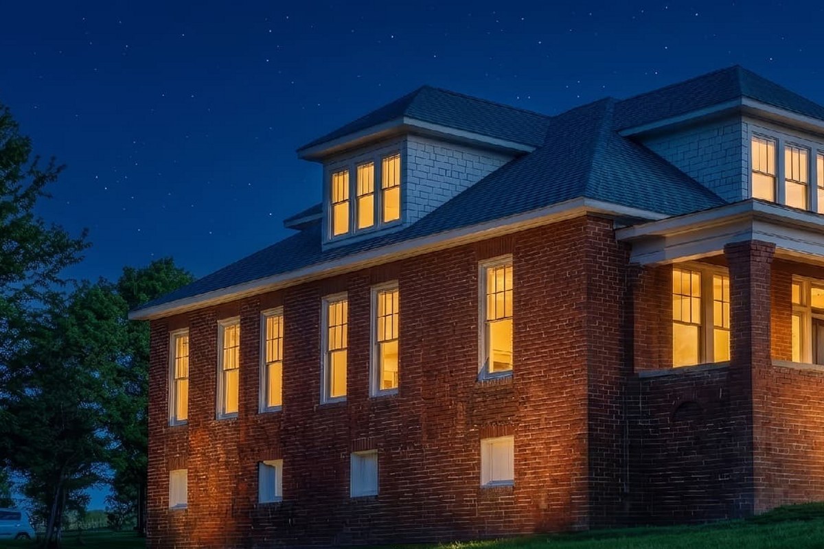 The same house at night with a starry sky and every window lit warm
