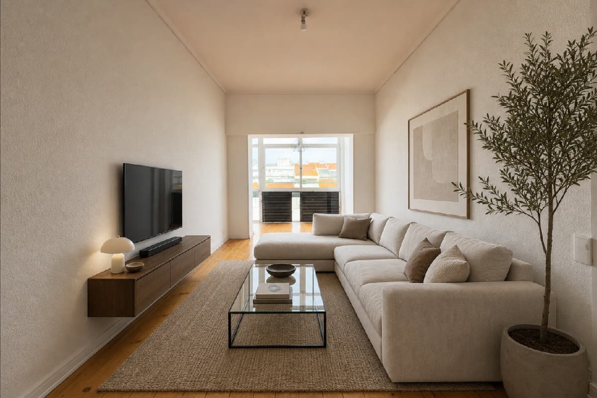 The same room furnished with a sofa, rug, TV unit and olive tree